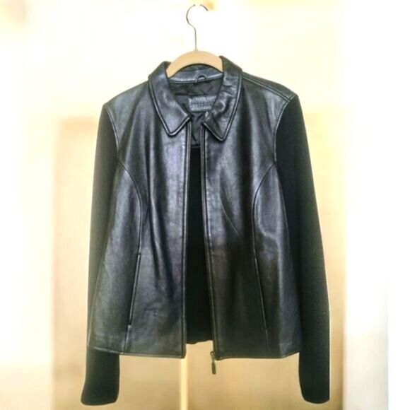 JACLYN SMITH CLASSIC Black LEATHER/Ribbed Sweater/JACKET Zip-up Long sleeve   M - Picture 15 of 15
